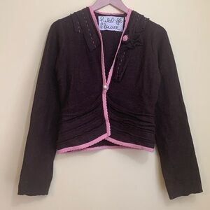 Field Flower Anthro | NWT Brown Pink Felted One Button Feminine Wool Cardigan S